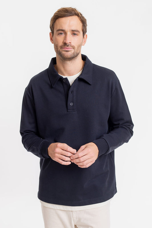 Polo épais manches longues noir en coton bio -  heavy polo jersey-black