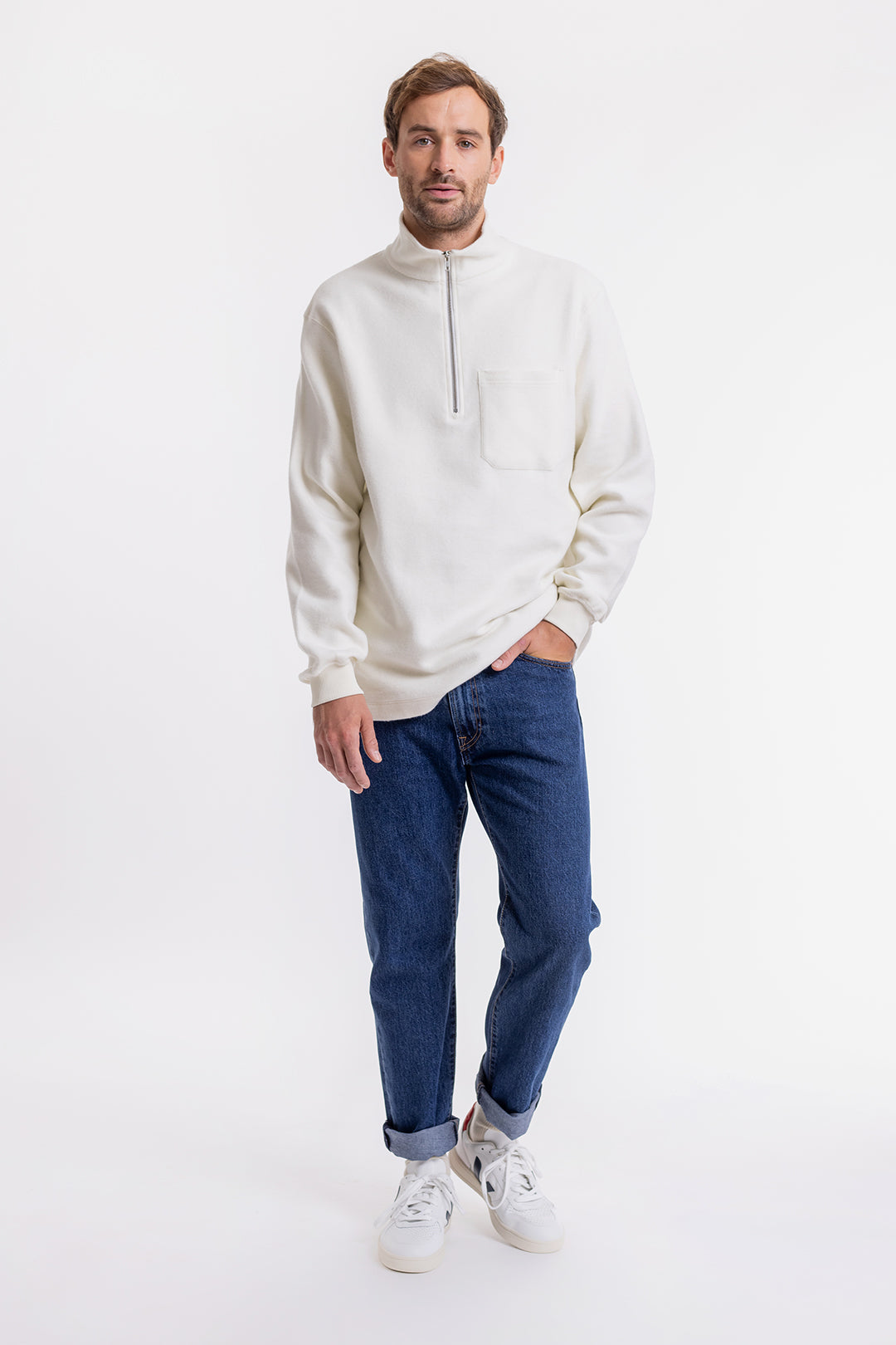 Sweat blanc col zippé en coton bio - half zip sweatshirt off-white