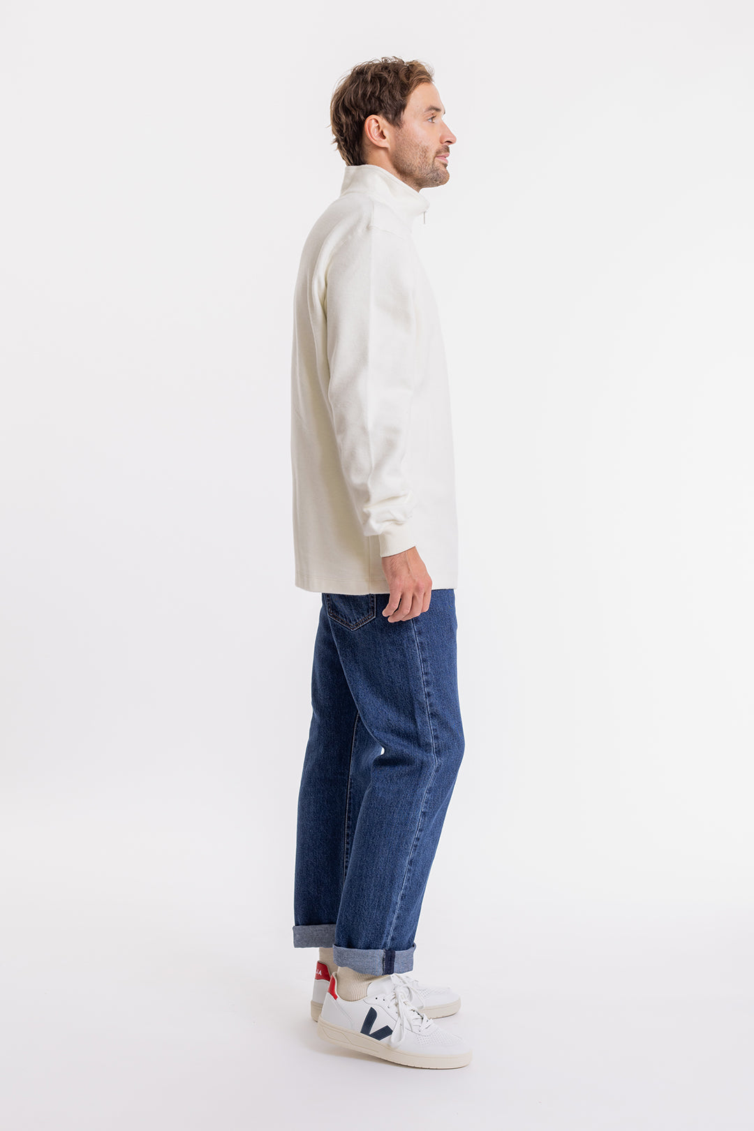Sweat blanc col zippé en coton bio - half zip sweatshirt off-white