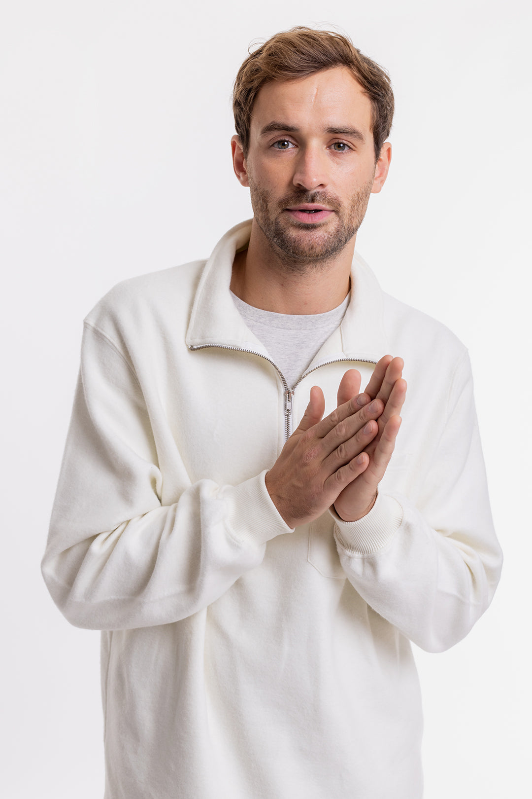 Sweat blanc col zippé en coton bio - half zip sweatshirt off-white