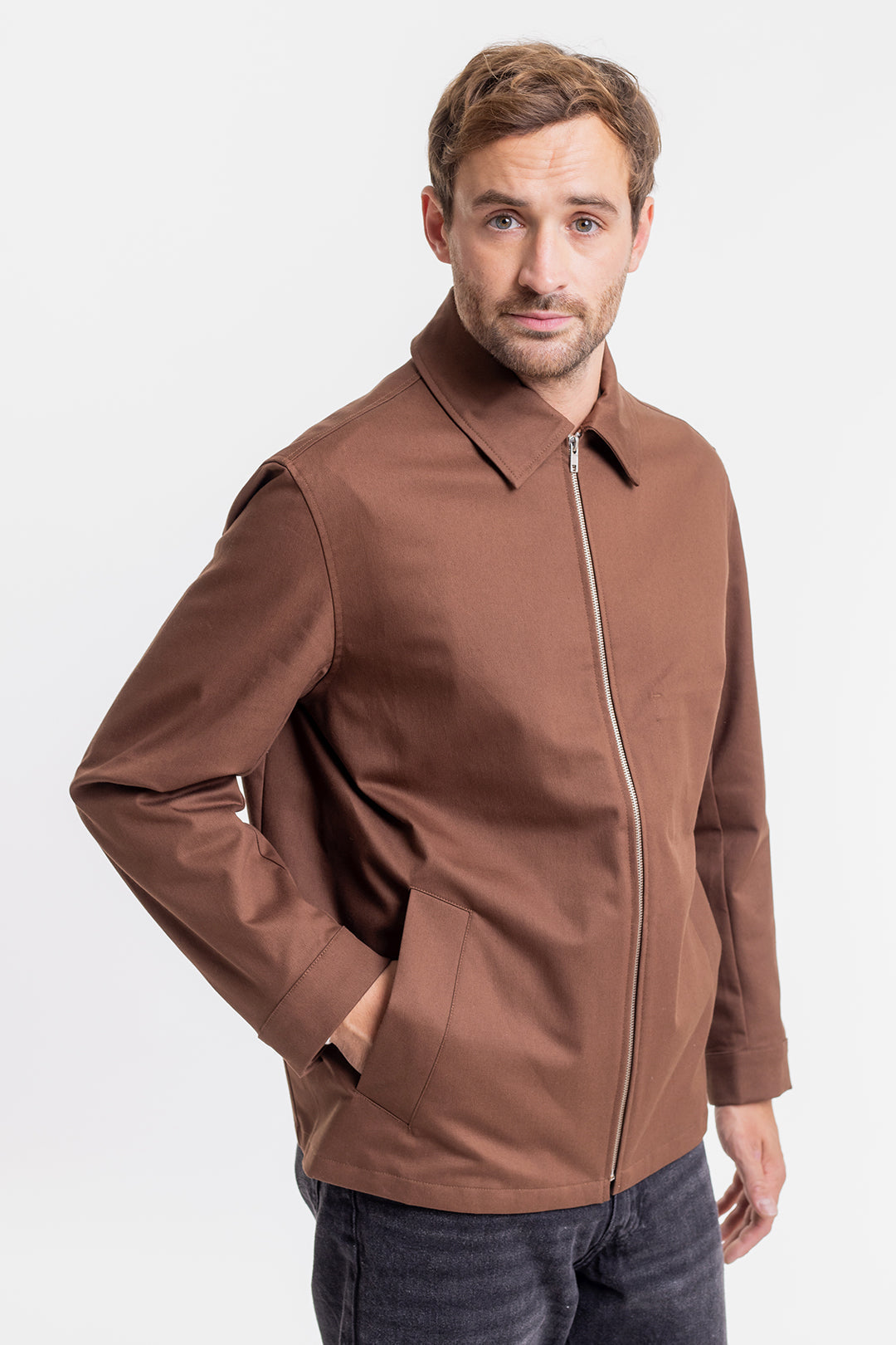 Veste zippée marron en coton bio - workwear zip jacket chestnut