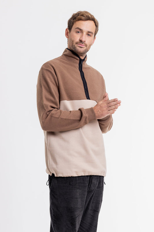 Sweat marron et beige en coton bio - divided half zip sweatshirt oatmeal/chestnut