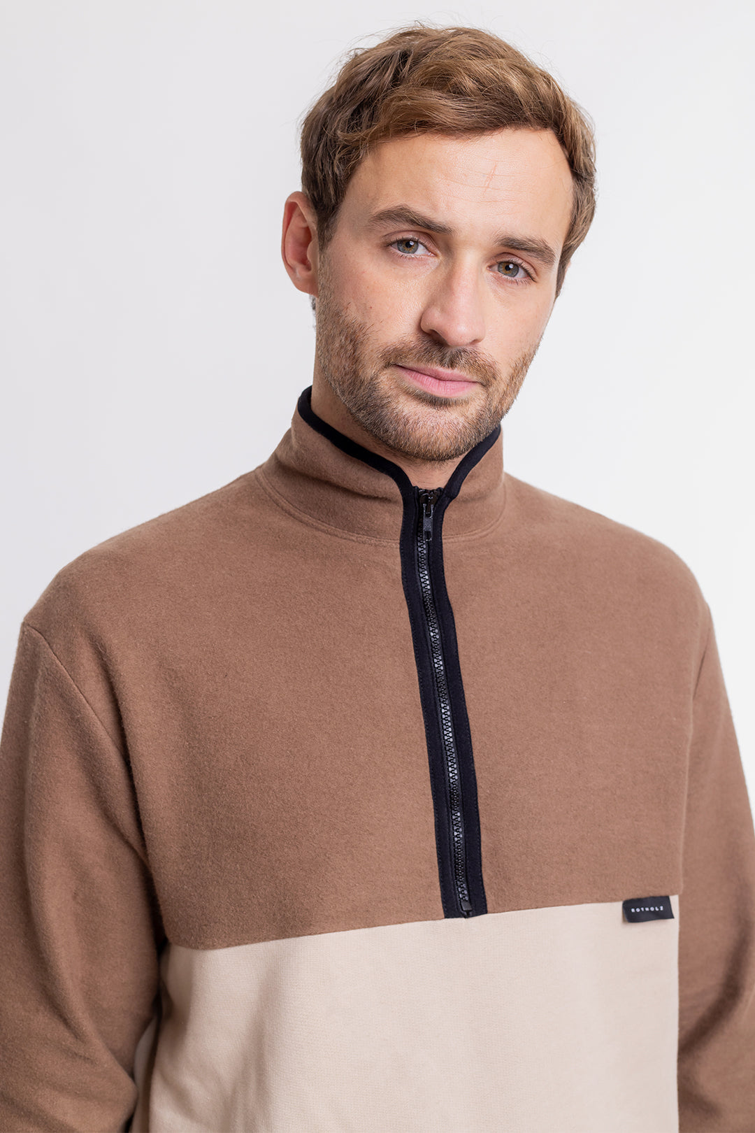 Sweat marron et beige en coton bio - divided half zip sweatshirt oatmeal/chestnut