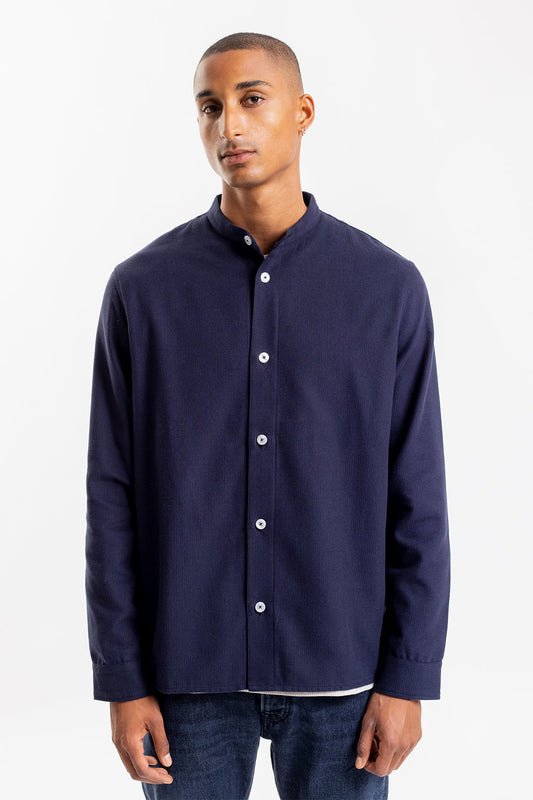 Chemise col mao marine à rayures noires en coton bio - mandarin shirt black tonal stripe
