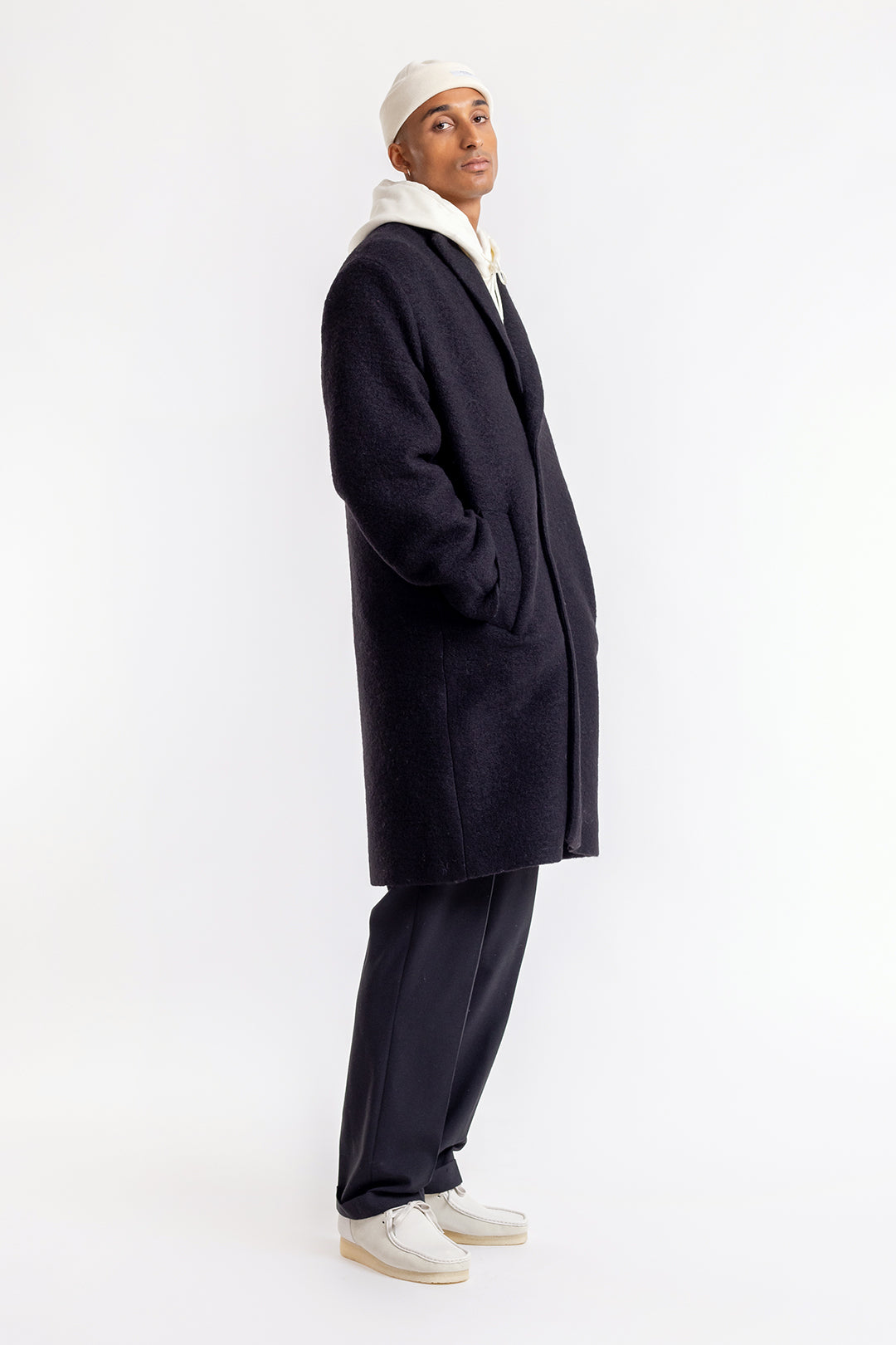 Manteau long noir en laine et coton bio - wool formal coat black men