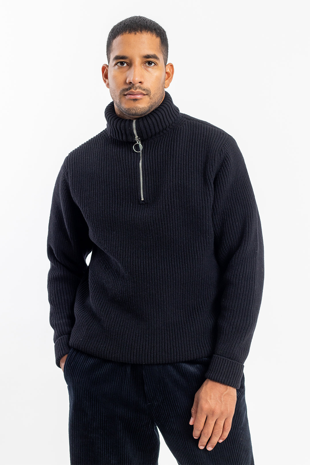 pull maille col zippé en laine recyclée | noir "knit troyer black"