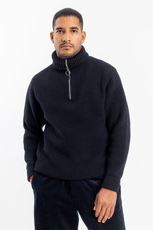 pull maille col zippé en laine recyclée | noir "knit troyer black"