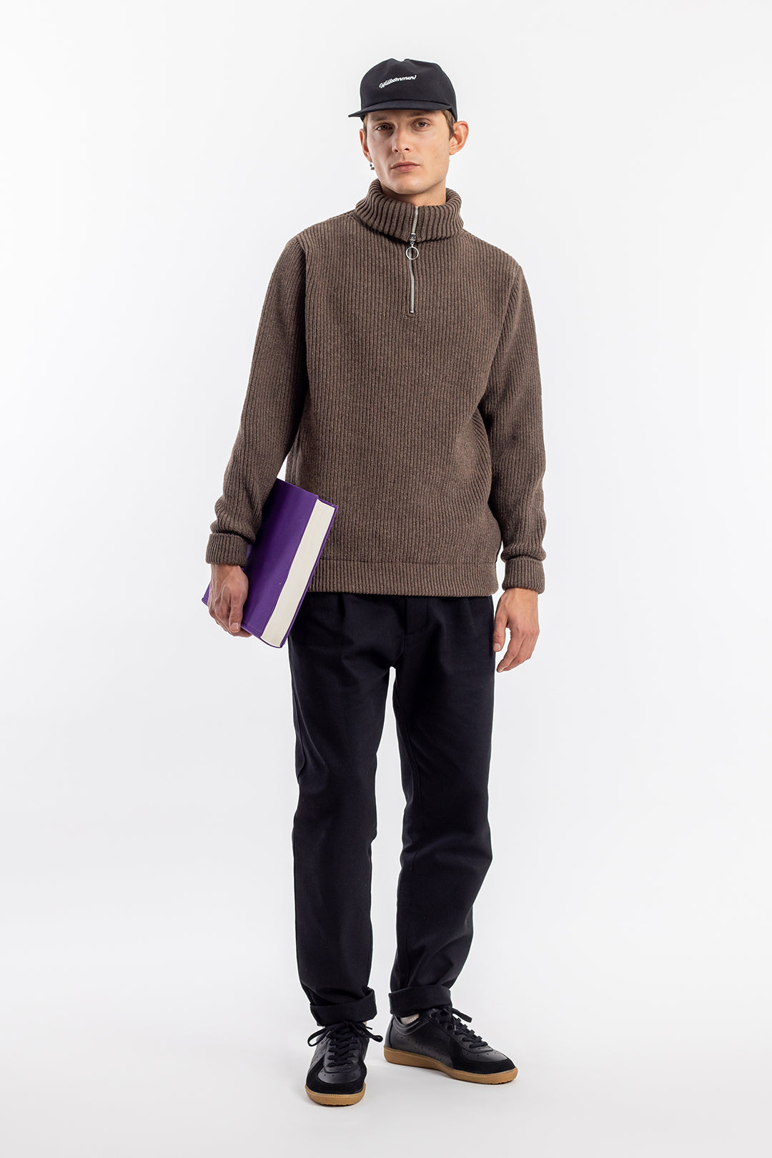 pull maille col zippé en laine recyclée | marron "knit troyer rosewood"