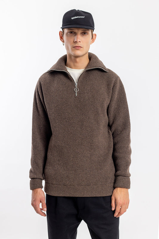 pull maille col zippé en laine recyclée | marron "knit troyer rosewood"