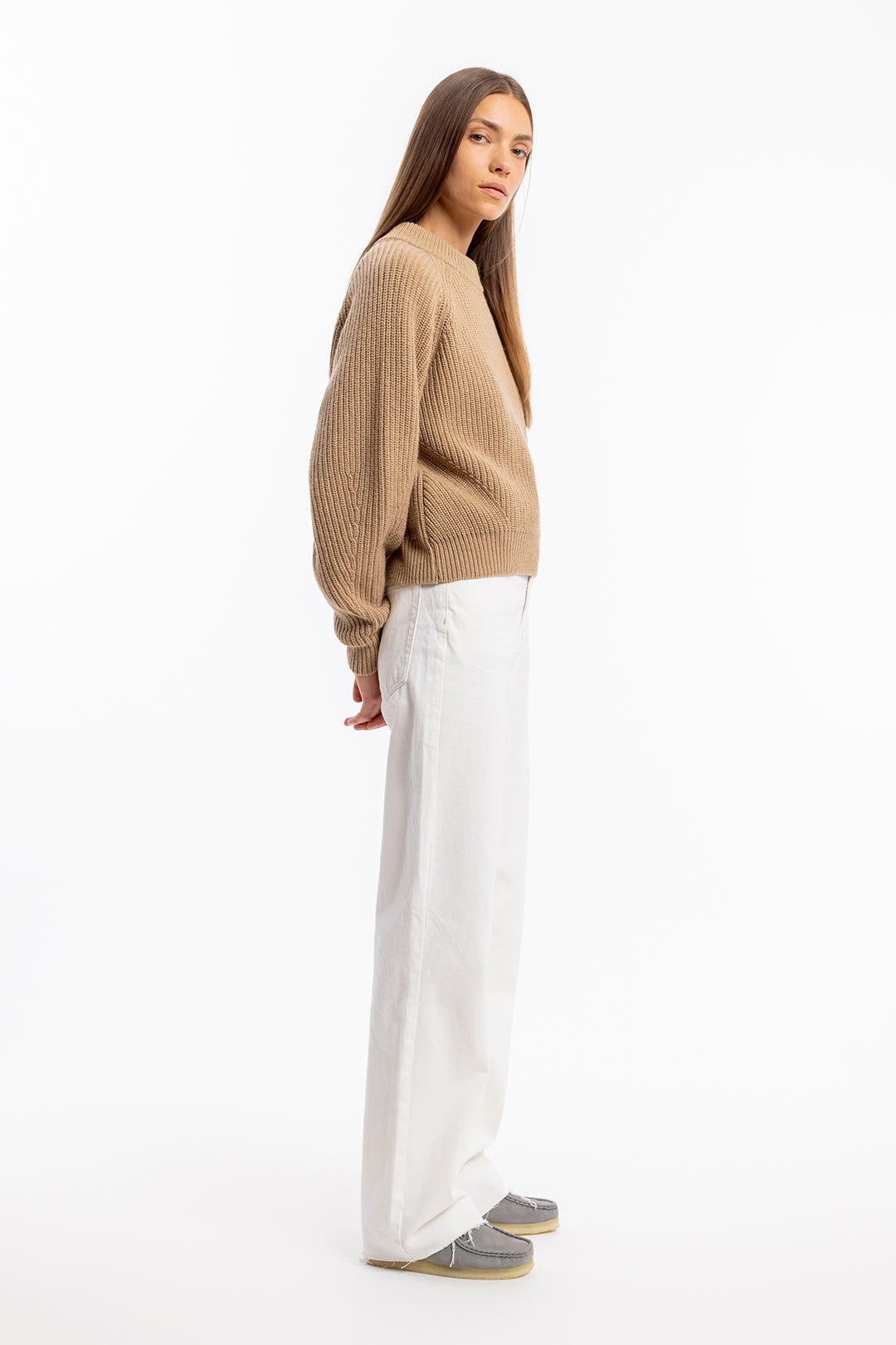 pull maille en laine recyclée | camel "women's knit sweater oatmeal"