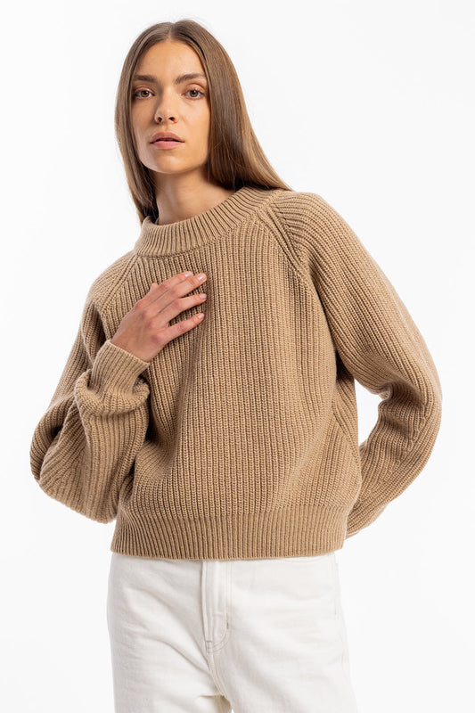 pull maille en laine recyclée | camel "women's knit sweater oatmeal"