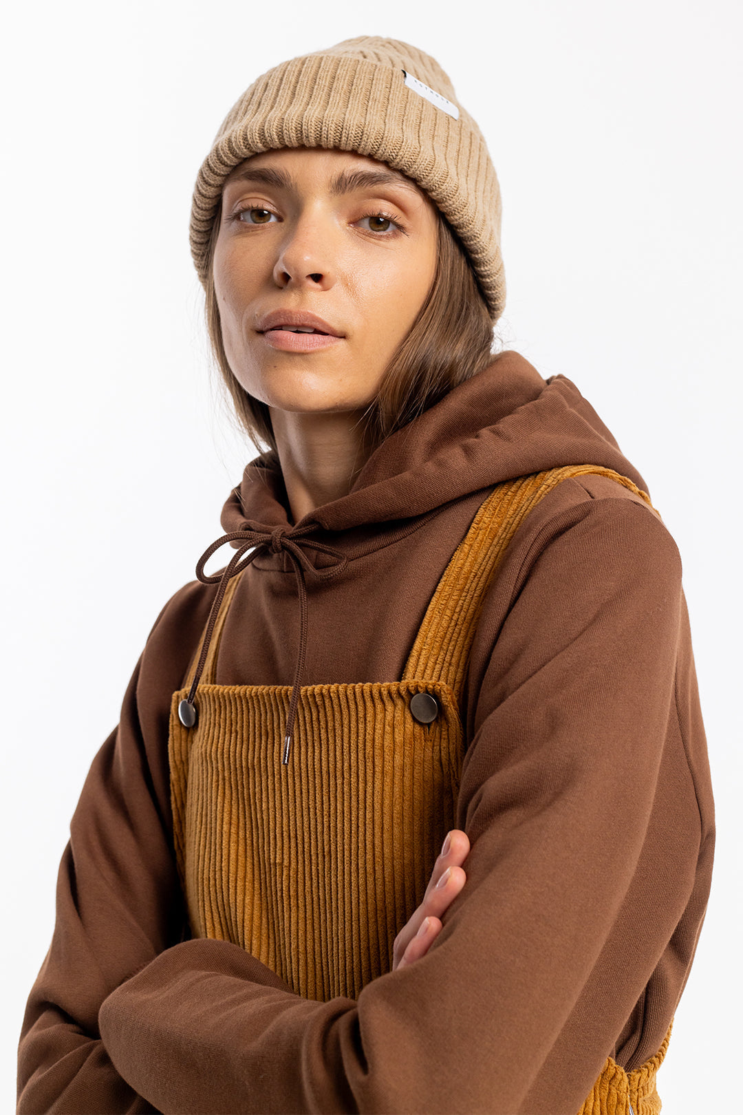 Robe salopette velours en coton bio | camel "dungaree dress toffee cord"
