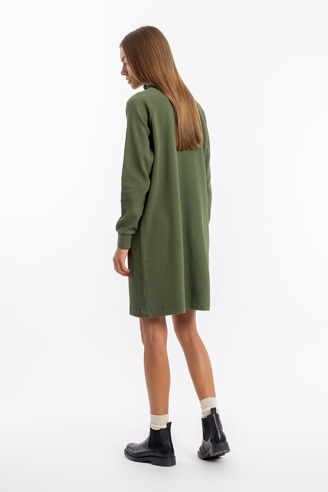 robe pull zippé en coton bio | vert "half zip waffle dress forest green"