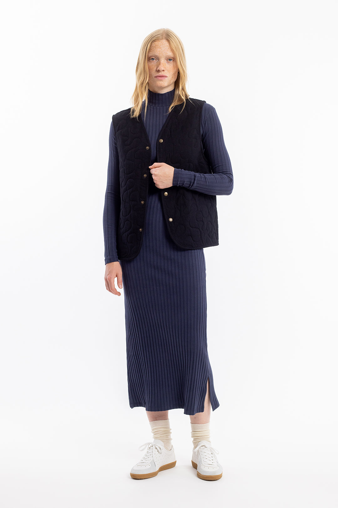 Robe longue en coton bio | marine "longsleeve mockneck dress midnight"