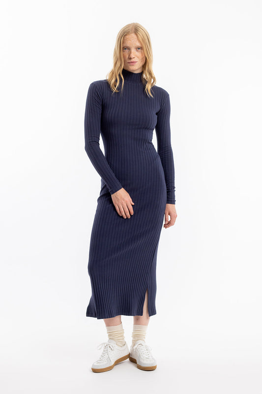 Robe longue en coton bio | marine "longsleeve mockneck dress midnight"