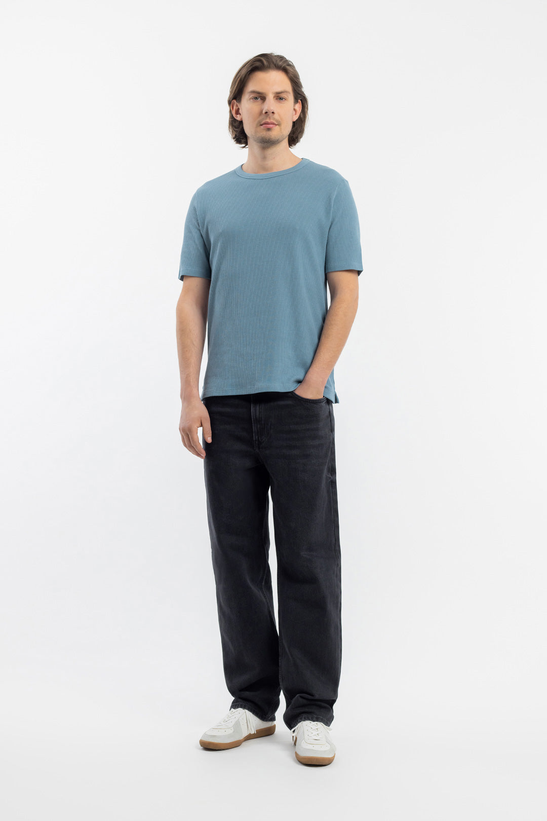 T-shirt en maille de coton bio | bleu "waffle t-shirt stone blue"