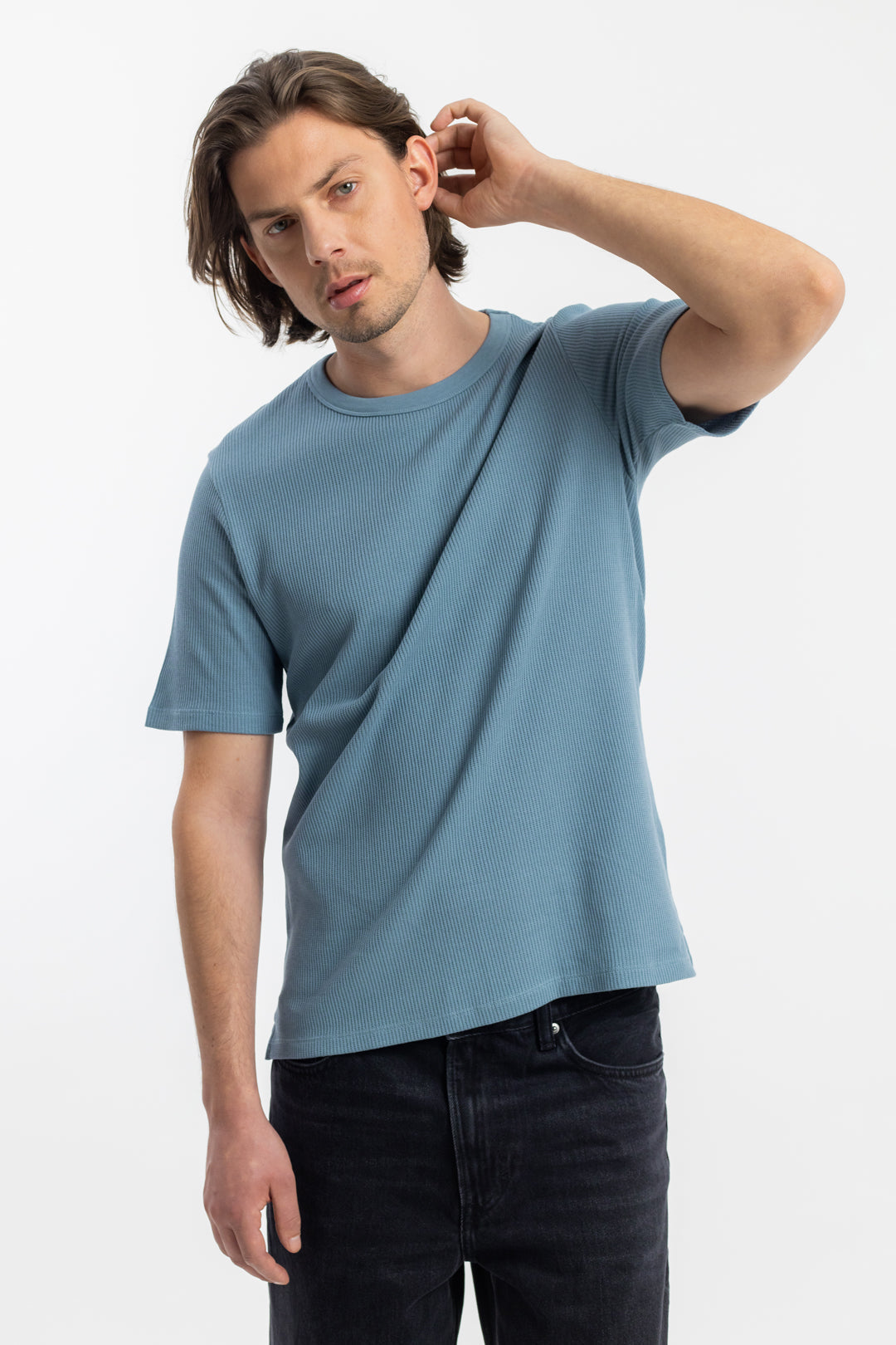 T-shirt en maille de coton bio | bleu "waffle t-shirt stone blue"
