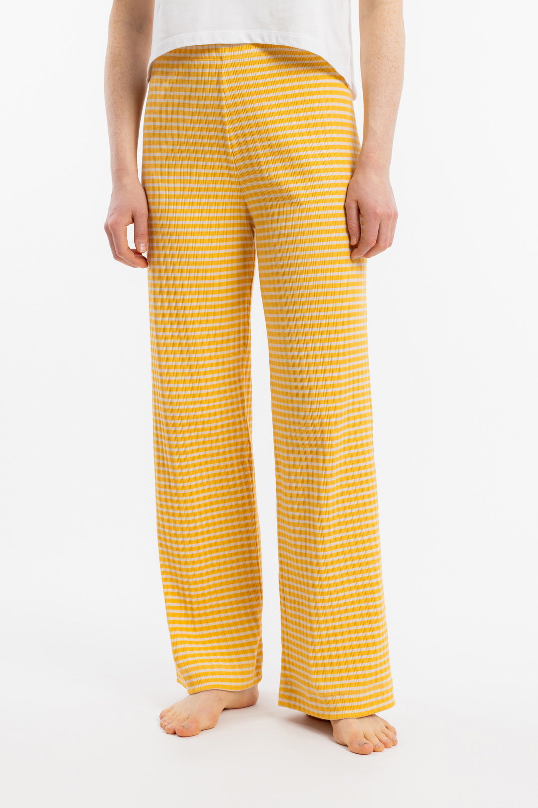 Pantalon ample en coton bio | Rayé jaune et blanc "ribbed lounge pant yellow/sand stripe"