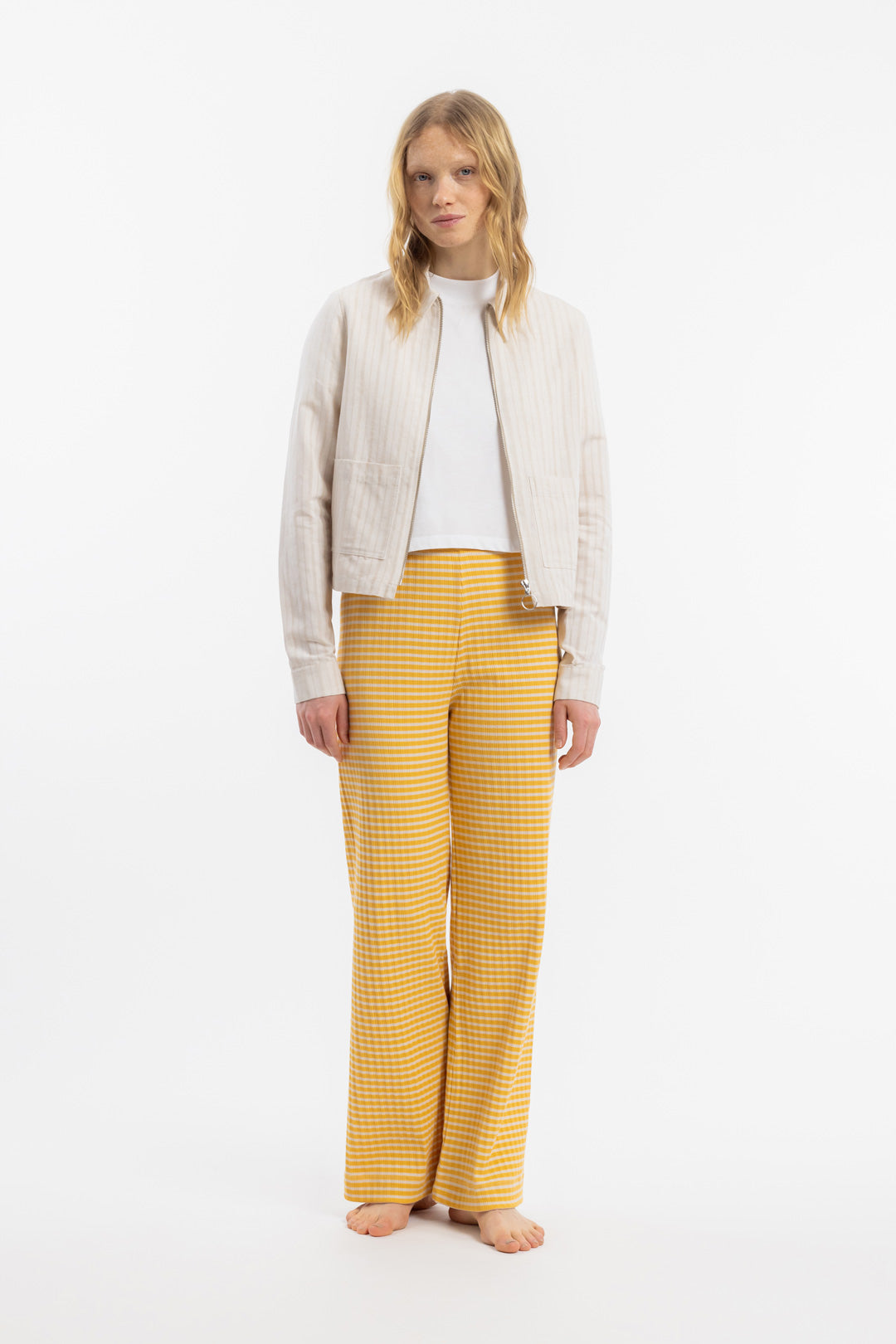 Pantalon ample en coton bio | Rayé jaune et blanc "ribbed lounge pant yellow/sand stripe"