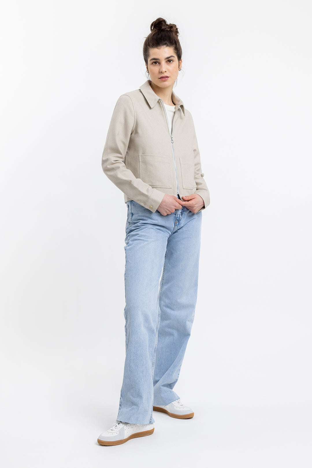 Veste zippée beige à motif en coton bio - boxy jacket sand check