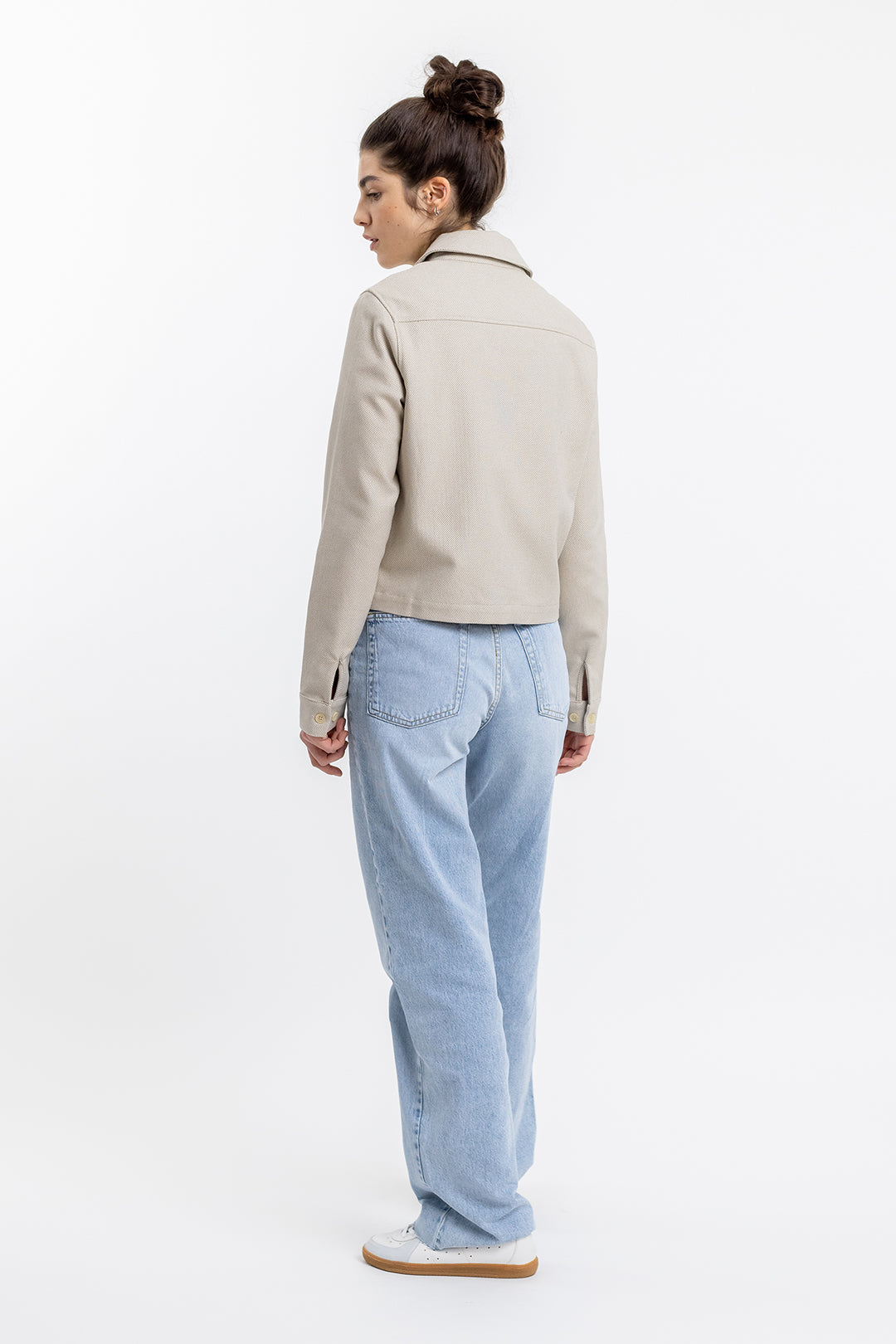Veste zippée beige à motif en coton bio - boxy jacket sand check