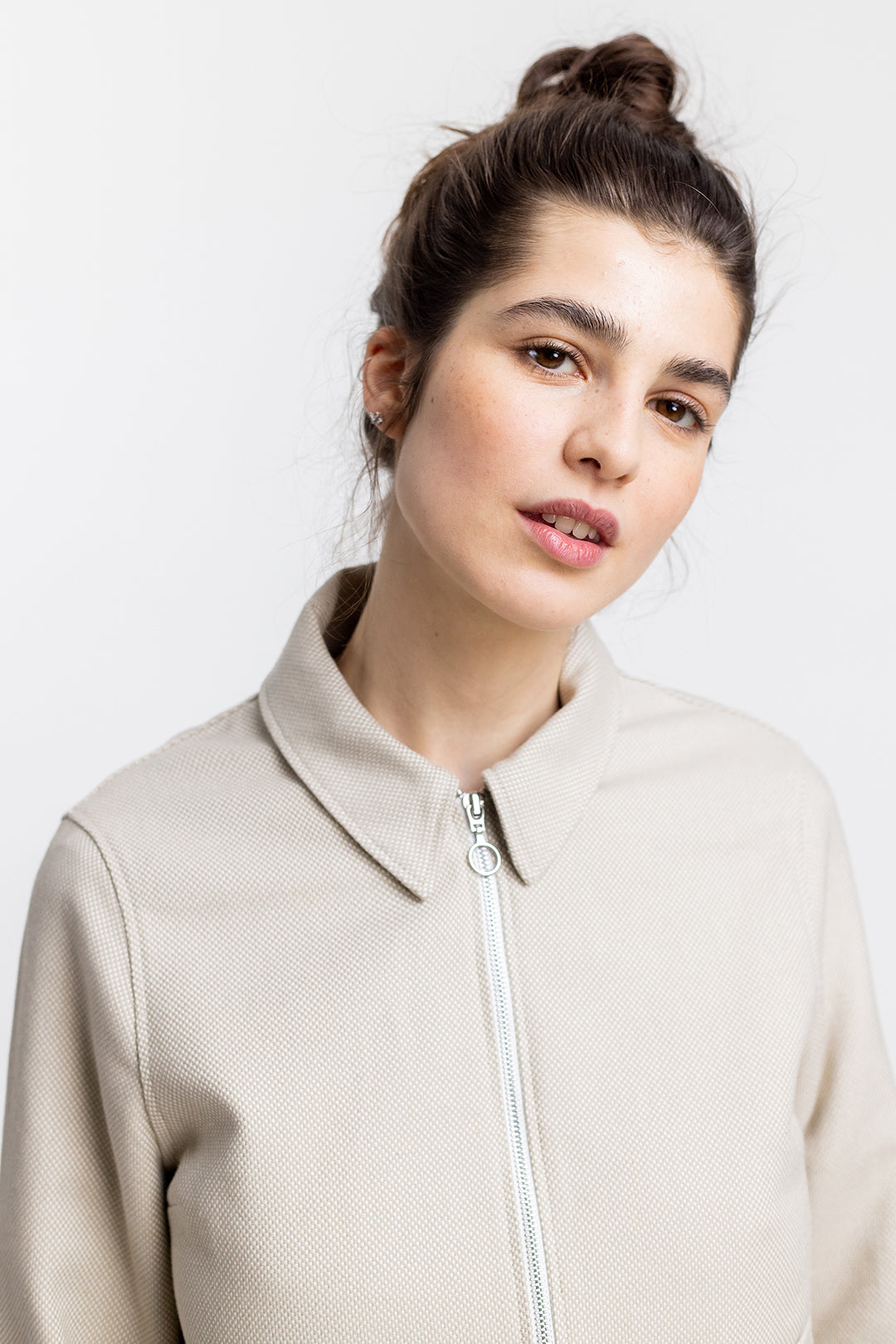 Veste zippée beige à motif en coton bio - boxy jacket sand check