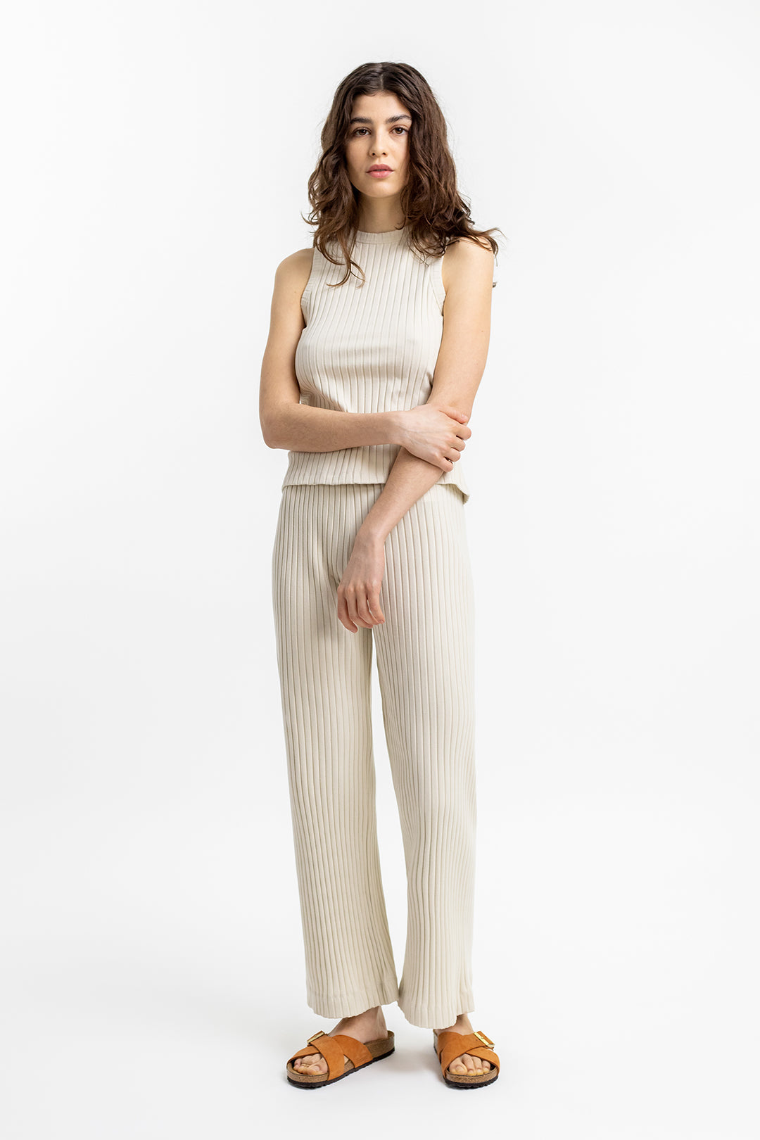 Pantalon côtelé beige en coton bio - ribbed lounge pant summer sand