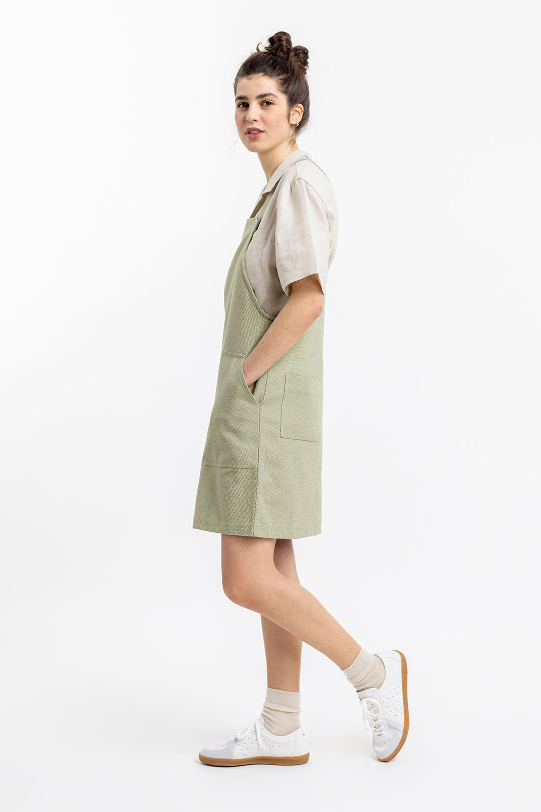 Robe salopette verte en coton bio - dungaree dress green check