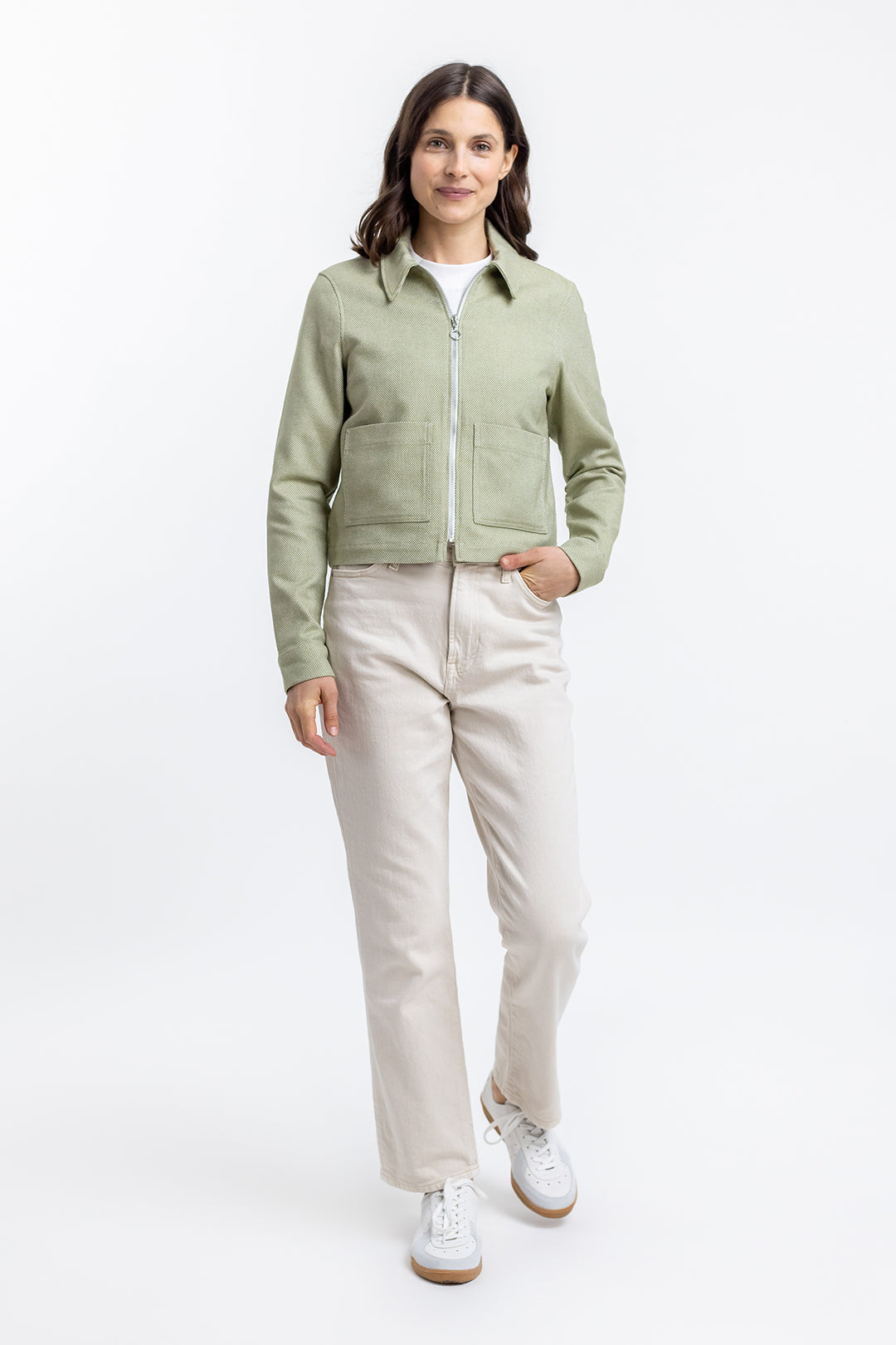 Veste zippée verte à motif en coton bio - boxy jacket green check