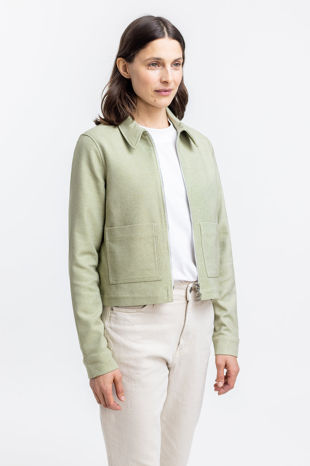 Veste zippée verte à motif en coton bio - boxy jacket green check