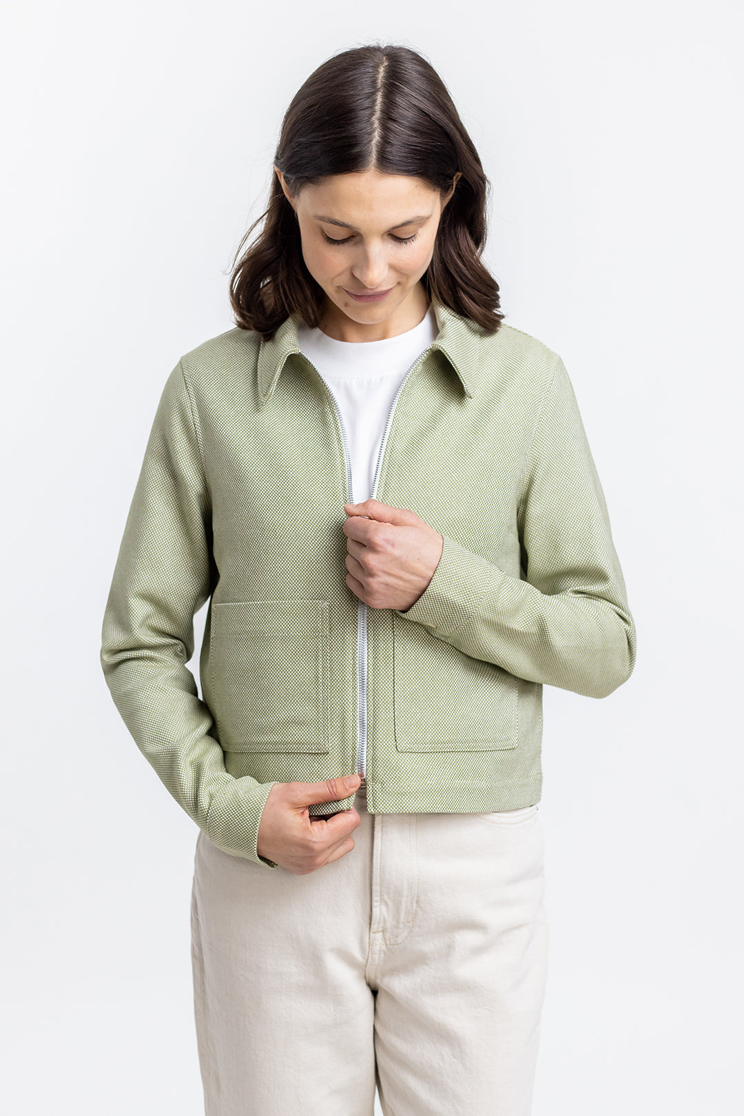 Veste zippée verte à motif en coton bio - boxy jacket green check