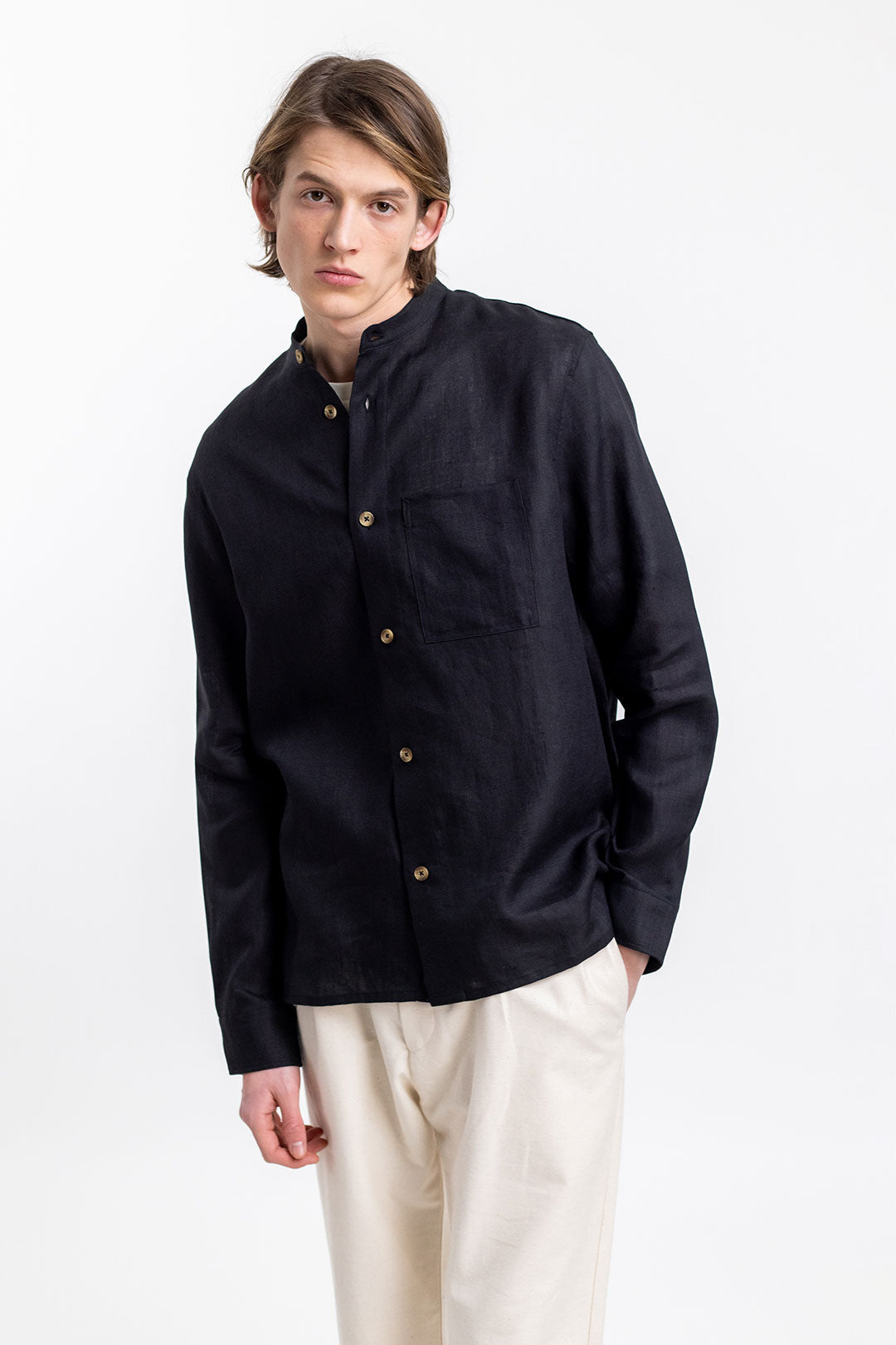 Chemise mao noire en lin - mandarin shirt black linen