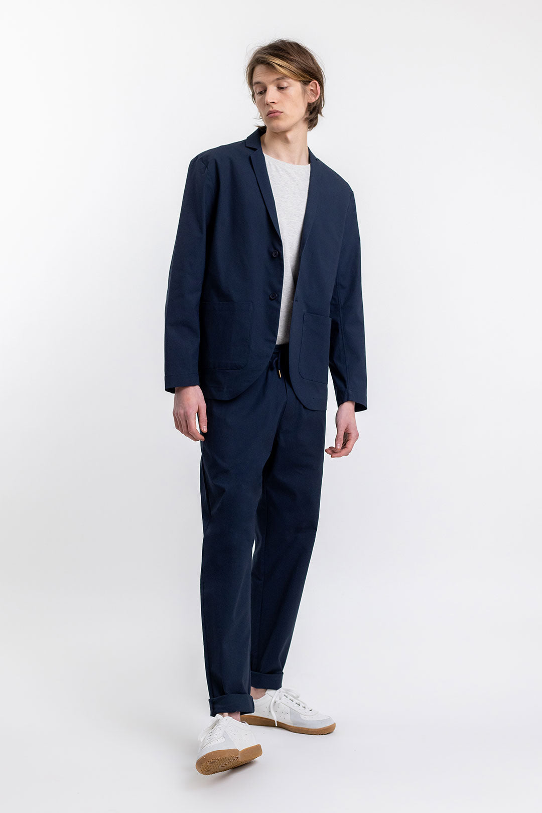 Pantalon marine texturé en coton bio - relaxed pant navy