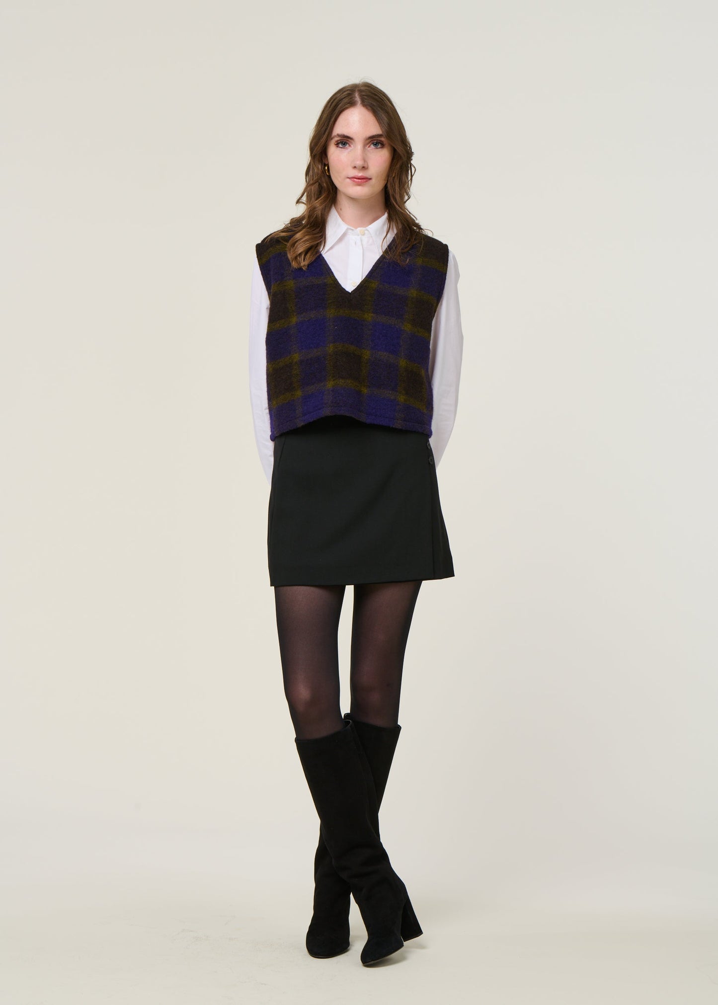 pull sans manches en laine et coton bio | carreaux "cropped vest wool-blend - purple checked"