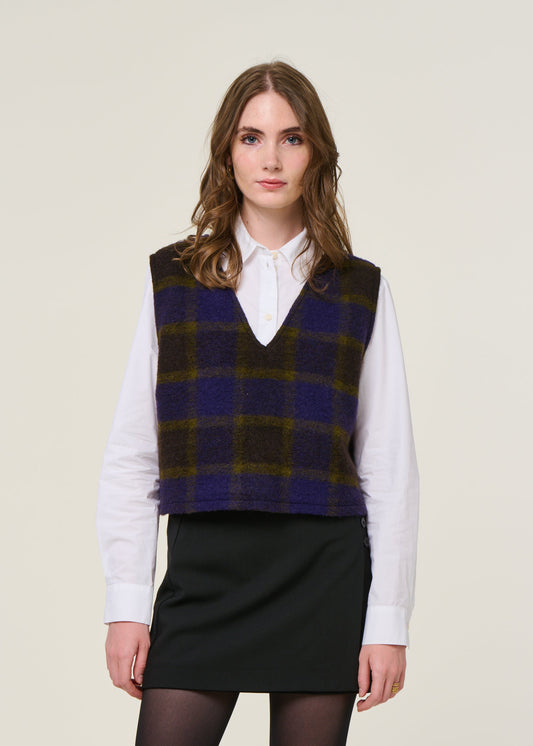 pull sans manches en laine et coton bio | carreaux "cropped vest wool-blend - purple checked"