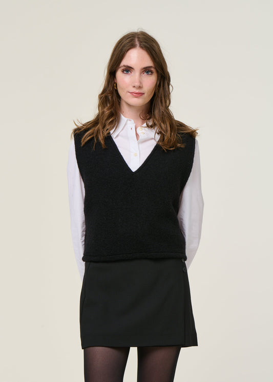 pull sans manches en laine et coton bio | anthracite "cropped vest wool-blend - soft black"