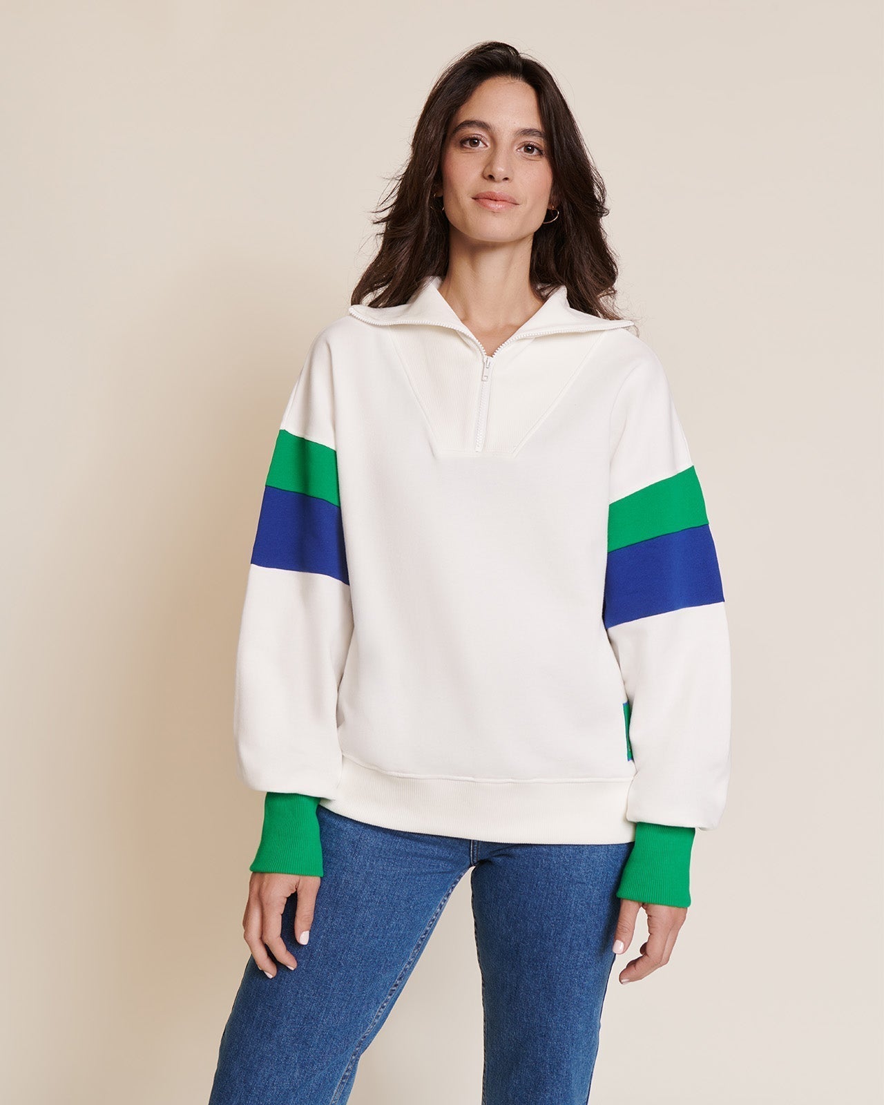 Sweat zippé en coton bio | Multicolore "sweat sunny col zippé blanc"