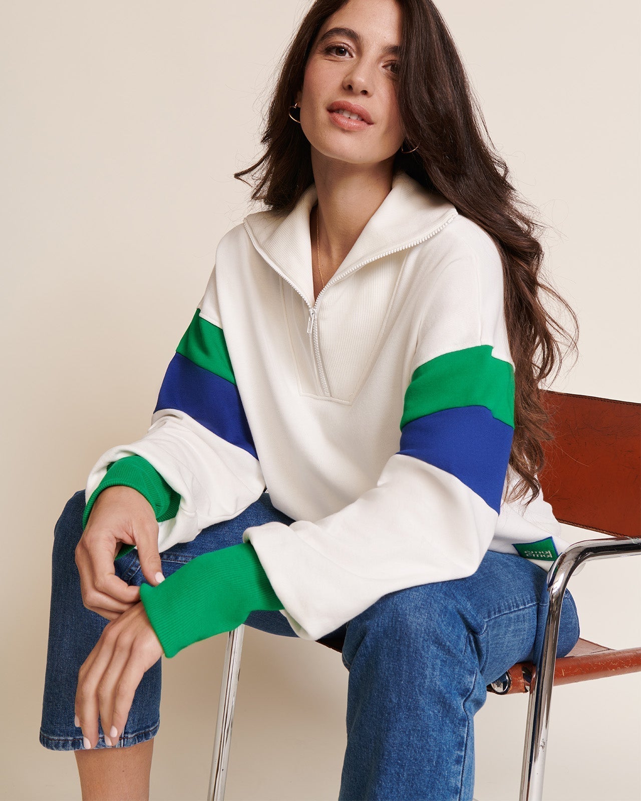 Sweat zippé en coton bio | Multicolore "sweat sunny col zippé blanc"