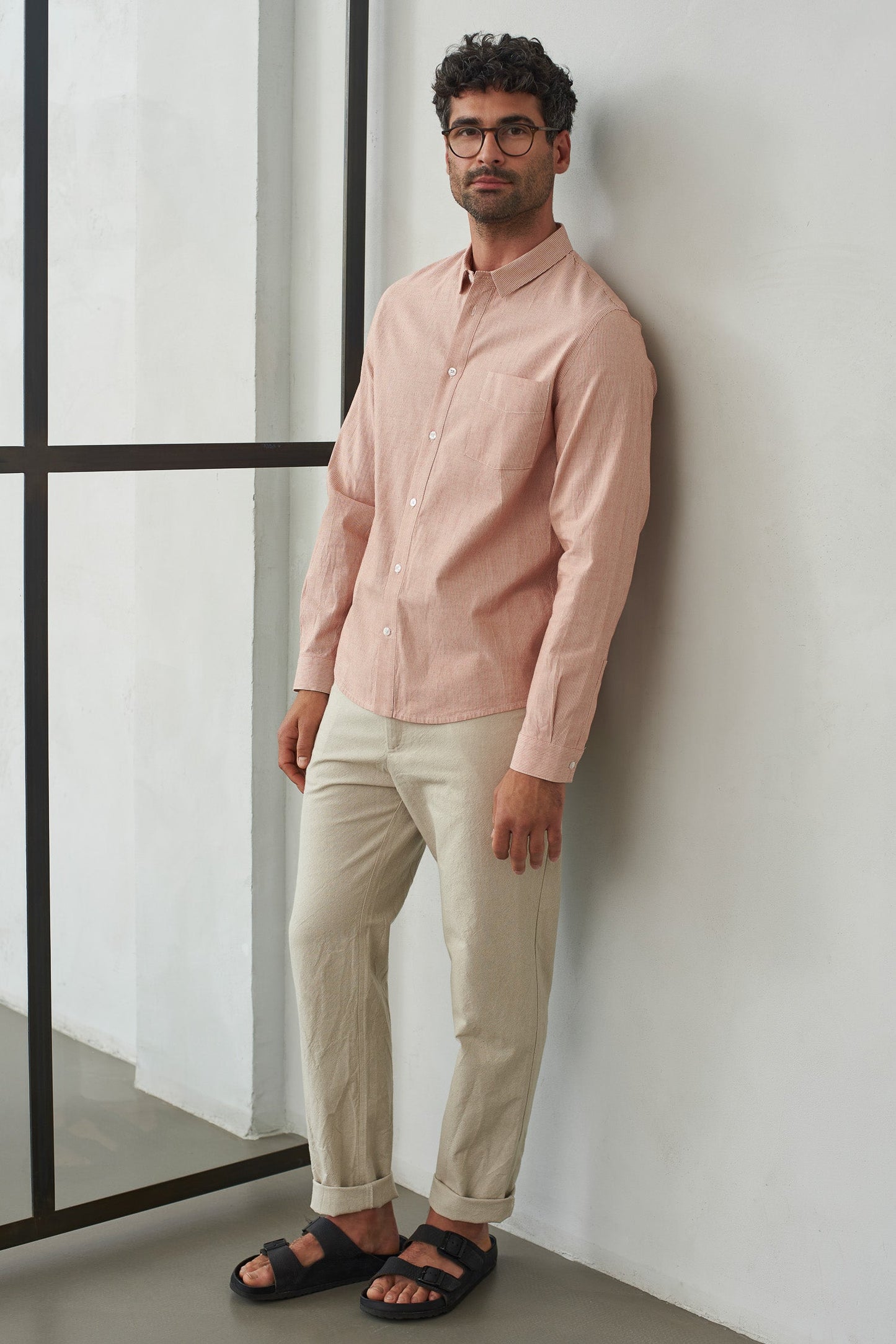 Chemise en coton bio | Rayé blanc et pêche "simon eco oxford striped peach"