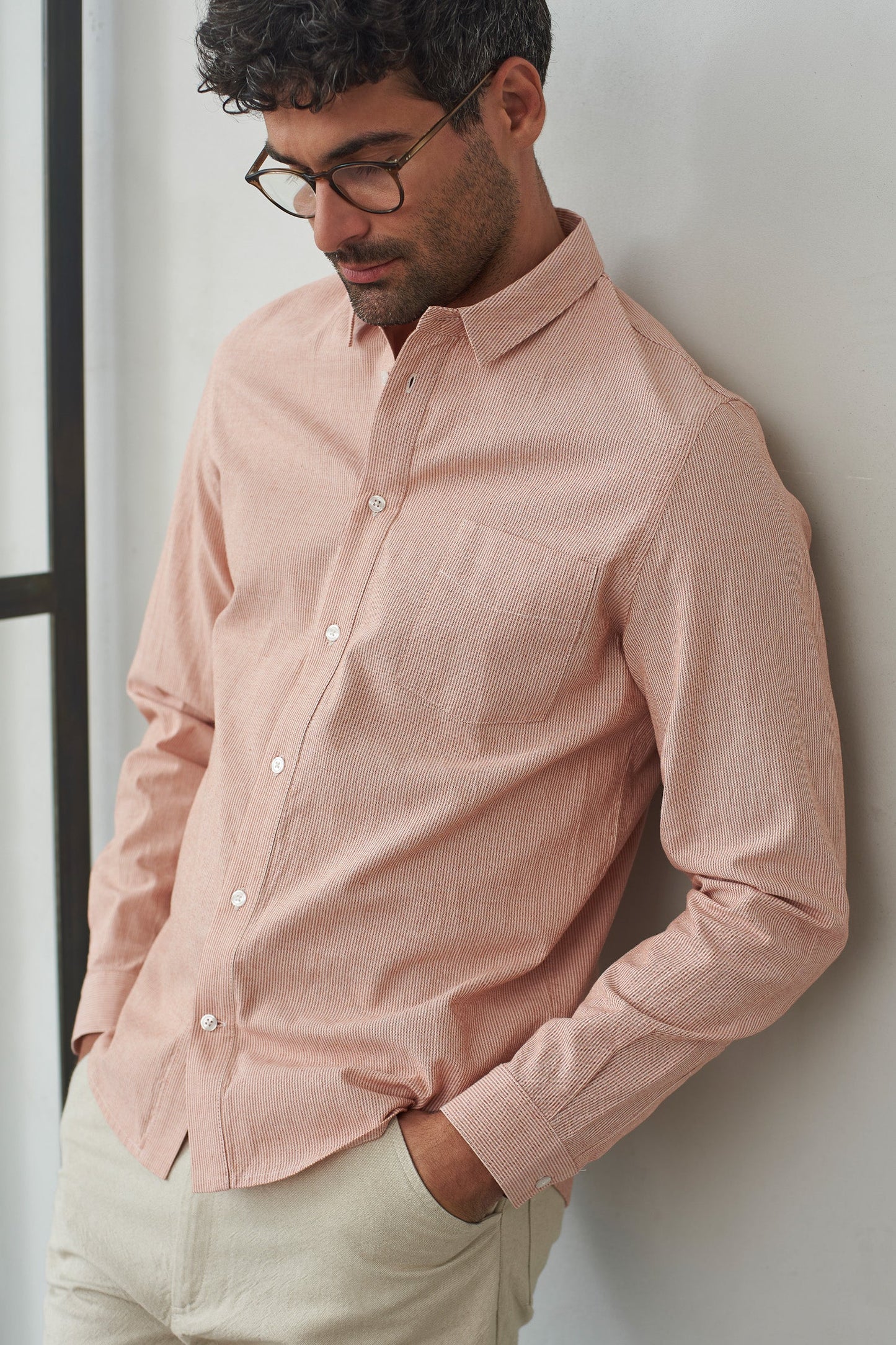 Chemise en coton bio | Rayé blanc et pêche "simon eco oxford striped peach"