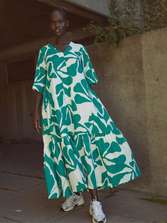 Robe longue en coton bio | Multicolore "greenery dress sylvan green cadmium green"
