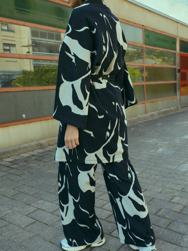 Pantalon ample en coton bio | Multicolore "waving jacquard pants sylvan green/ black"