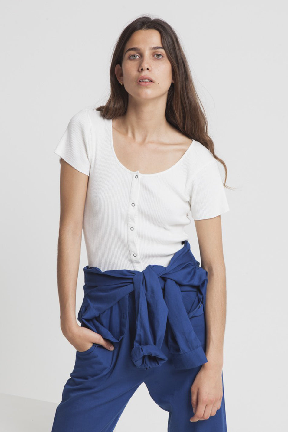 T-shirt avec boutons blanc en coton bio - White Rib Boom