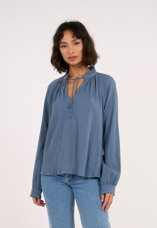 Blouse bleue en crêpe de coton bio - stand ruffle collar a-shape blouse china blue