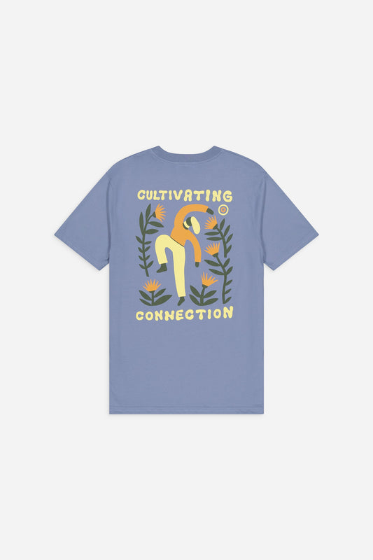 T-shirt brodé et sérigraphié en coton bio | bleu "cultivating azure"