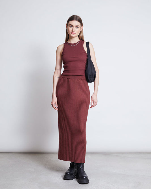Jupe longue maille en coton bio | bordeaux "ebba - intense rust"