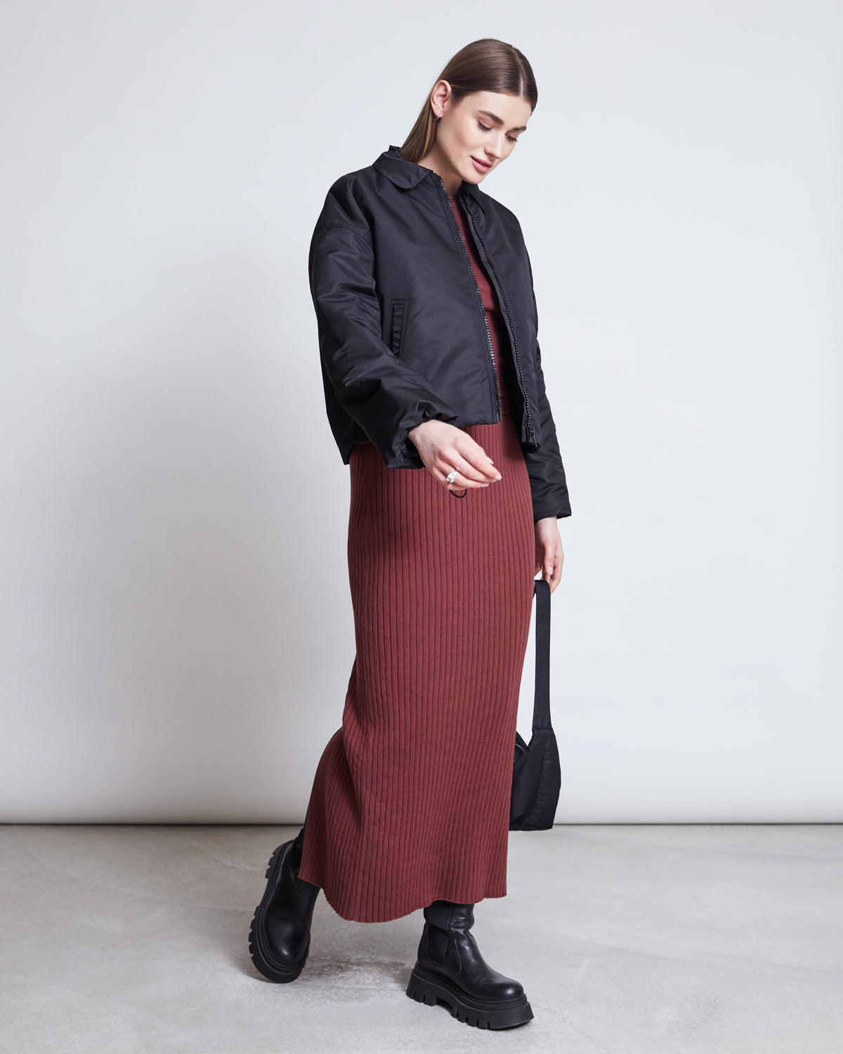 Jupe longue maille en coton bio | bordeaux "ebba - intense rust"