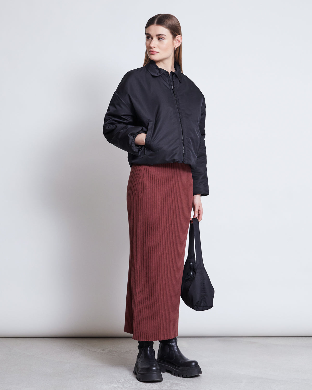 Jupe longue maille en coton bio | bordeaux "ebba - intense rust"