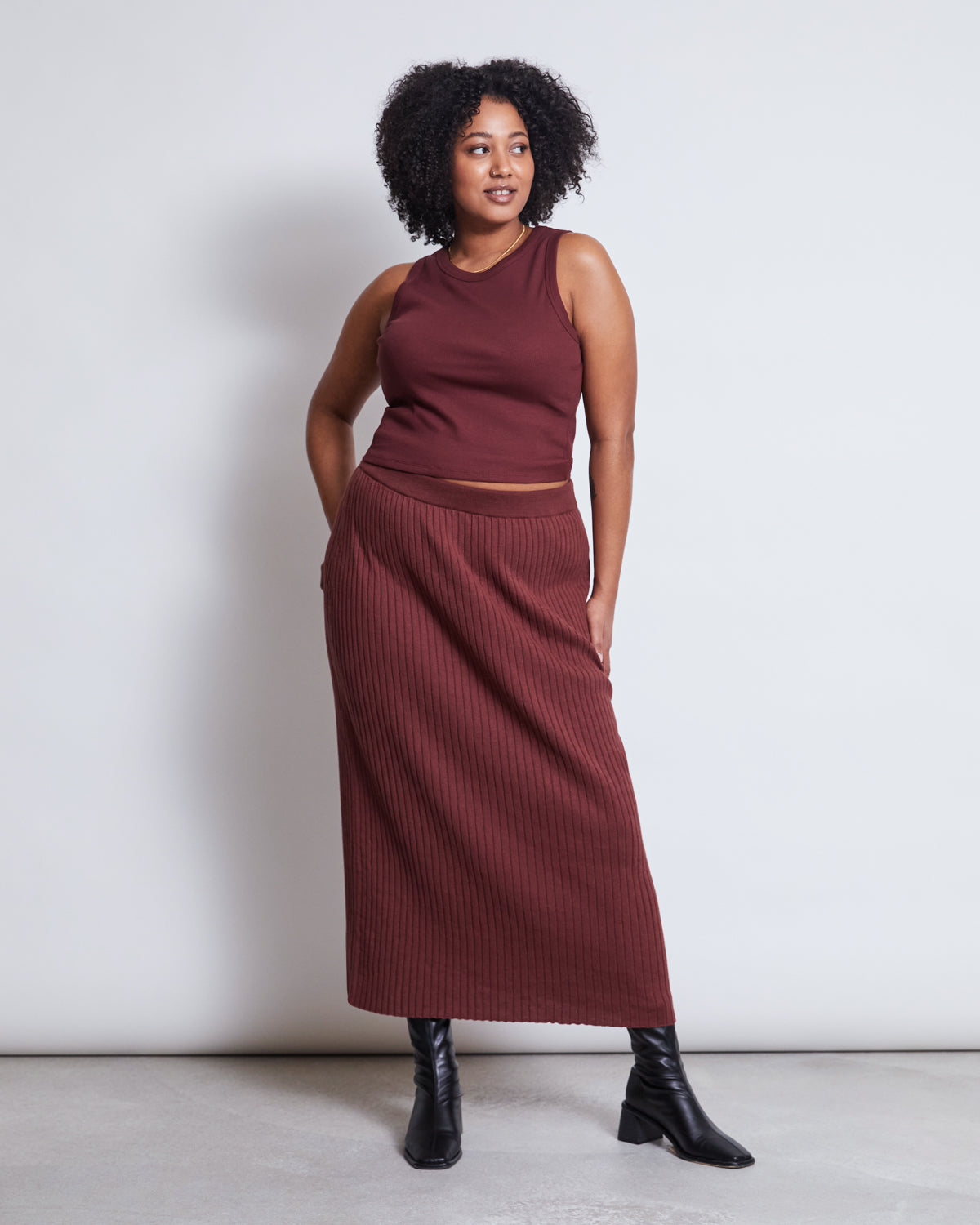 Jupe longue maille en coton bio | bordeaux "ebba - intense rust"