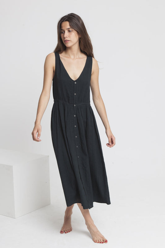 Robe longue unie noire en coton bio - Angelina
